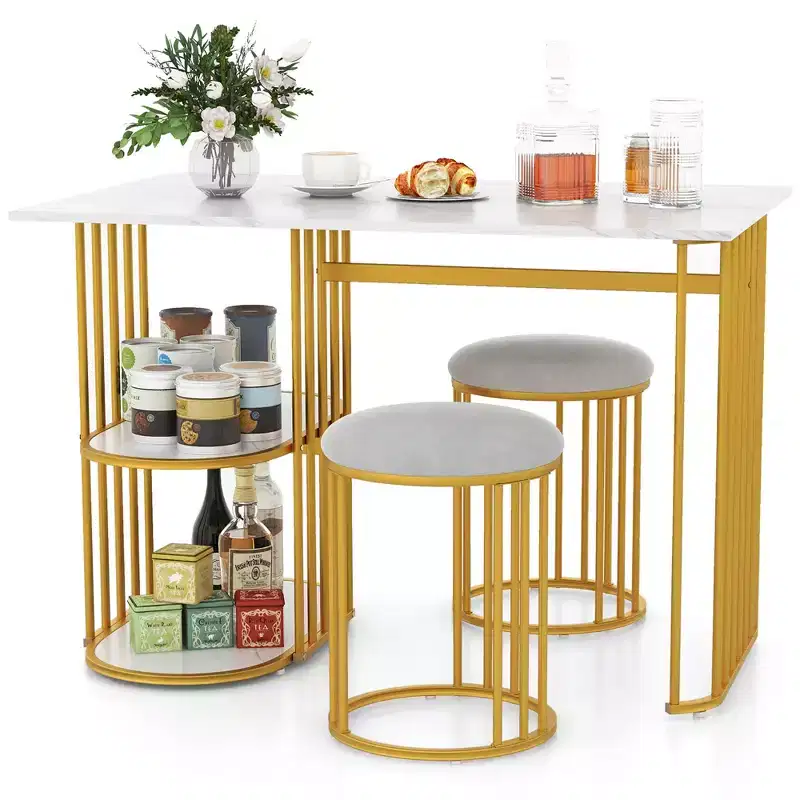 Costway 3 Piece Dining Table Set w/ 2 Stools 2-tier Storage Shelf Upholstered Seat