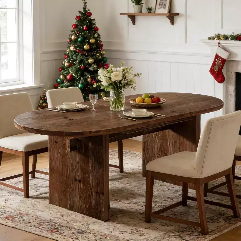 Lantine 63-Inch Oval Solid Wood Dining Table, Farmhouse Kitchen Dinner Table for 4-6 with Double Pedestal for Dining Room