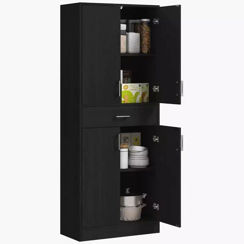 70.75 Kitchen Pantry Cabinet w/ Drawer and Adjustable Shelf, Freestanding Tall Storage Cabinet w/ 2 Double Doors, Distressed Black