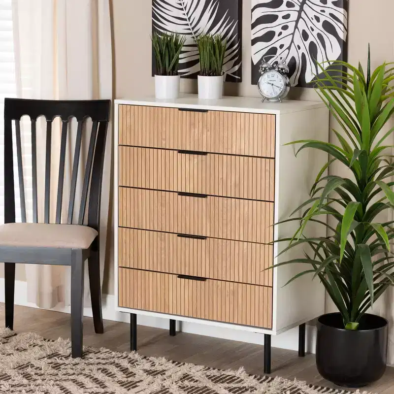 Karima Mid-Century Modern Two-Tone White and Natural Brown Finished Wood and Black Metal 5-Drawer Storage Cabinet