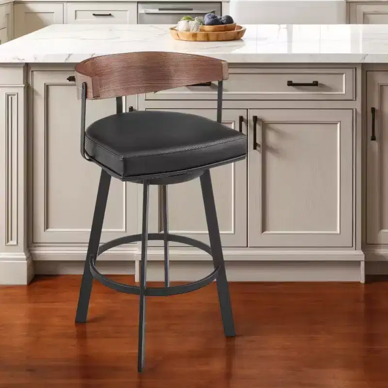 HomeRoots 26 Black and Brown Faux Leather and Iron Low Back Counter Height Swivel Bar Chair