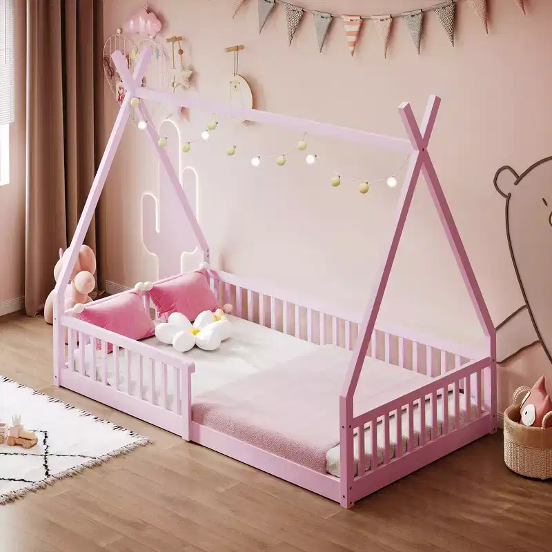 Twin Size Tent-Shaped Floor Bed for Kids,Montessori Canopy Bed with Slats & Safety Guardrail,Sturdy Pine Wood Frame,300lbs Capacity