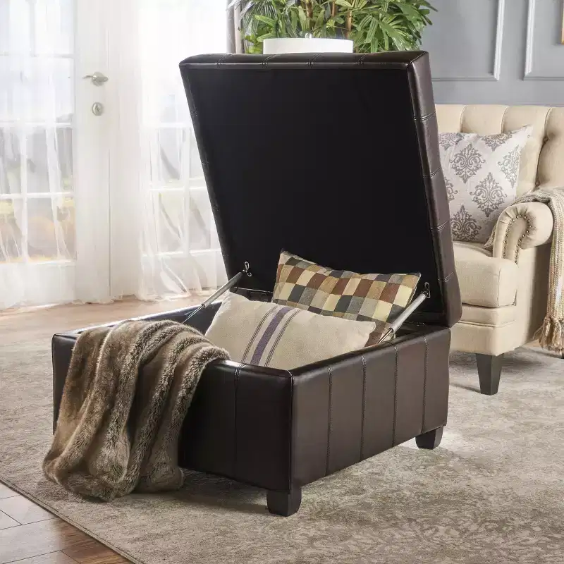 Christopher Knight Home Ellie Contemporary Tufted Faux Leather and Birch Wood Upholstered Storage Ottoman