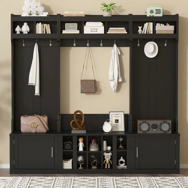 4-IN-1 Multi-functional Hall Tree Entryway Bench with Coat Rack and Shoe Cubbies