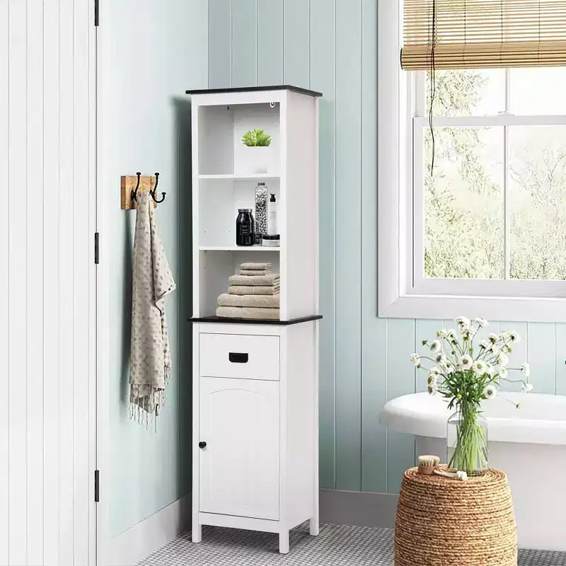 LuxenHome White Wood 63-Inch Tower Bathroom Cabinet