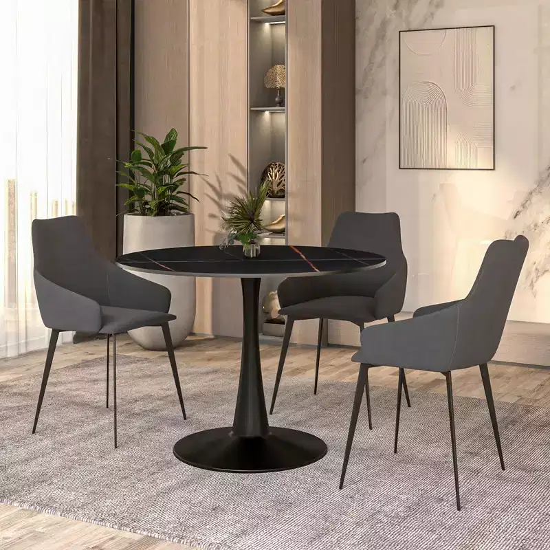 LeisureMod Bristol 40 Round Dining Table  Sintered Stone Top Accent Caf Table & Sturdy Steel Black Pedestal Base for Kitchen and Small Spaces