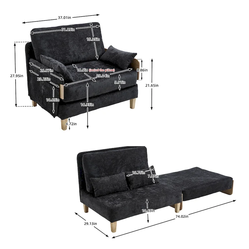 Chenille Upholstered Convertible Sleeper Recliner Foldable Chair Bed with 3 Pillows