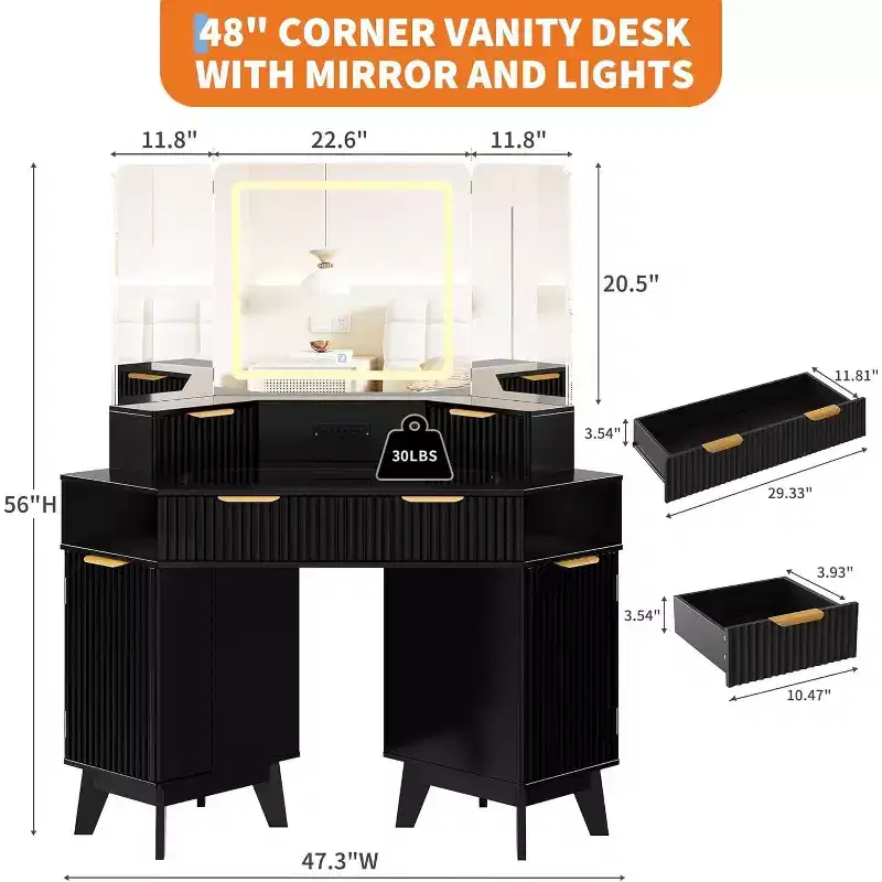 Fluted Vanity Table with Mirror, Glass Top, Cabinet and Drawers, Makeup Desk