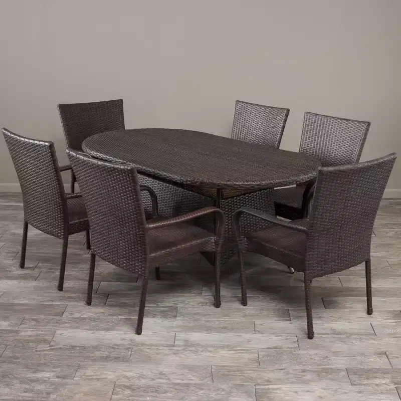 GDFStudio Slate 7 Piece Outdoor Wicker Dining Set with Stacking Chairs