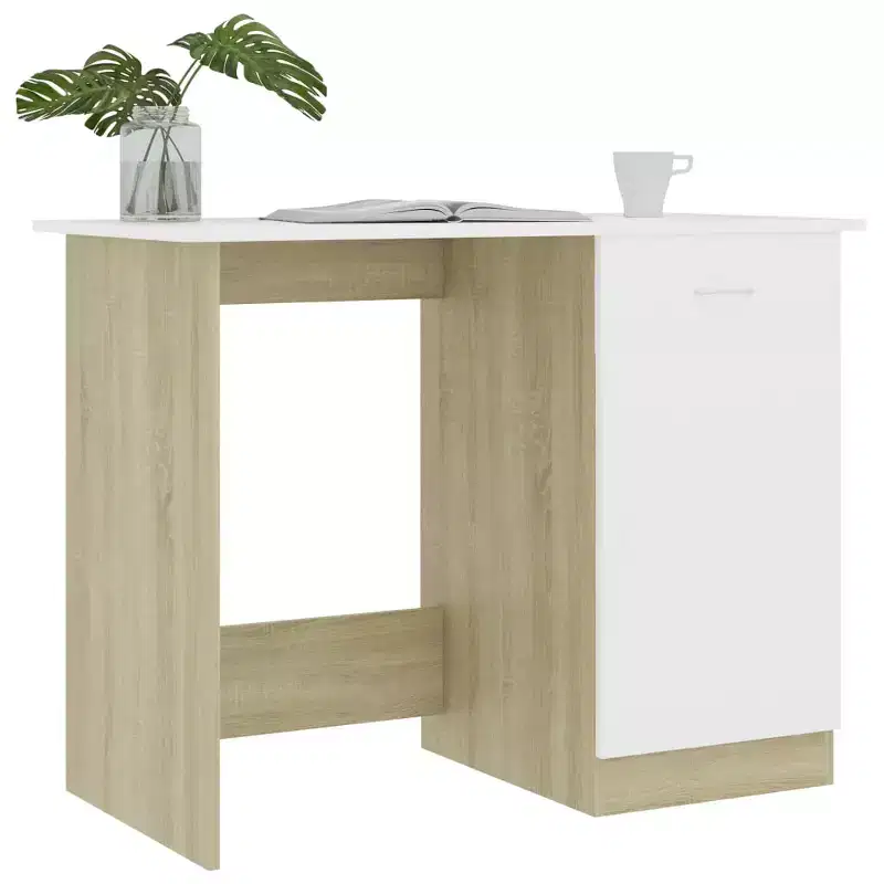Desk White and Sonoma Oak Engineered Wood Medium Desk
