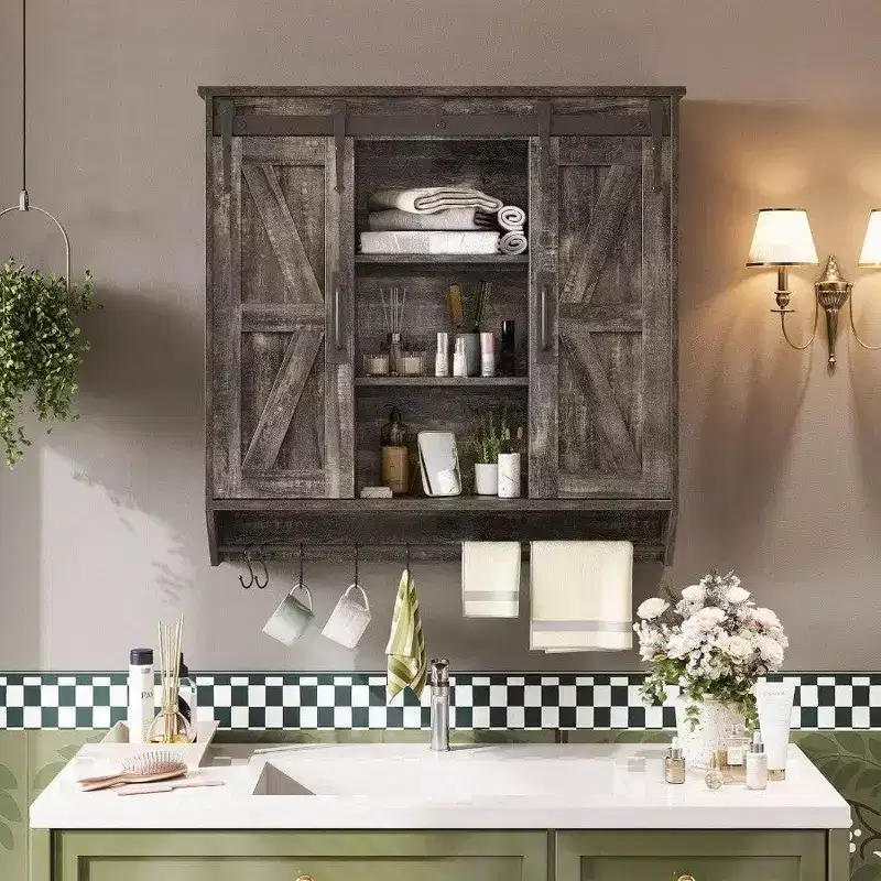 Farmhouse Cabinet 2 Sliding Barn Doors 3 Tier Rustic Wood Wall Storage Cabinet Adjustable Shelf Towel Bar Wall Mounted Bathroom