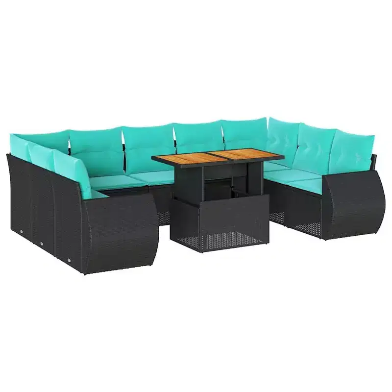 vidaXL 10 Piece Patio Sofa Set with Cushions Black Poly Rattan