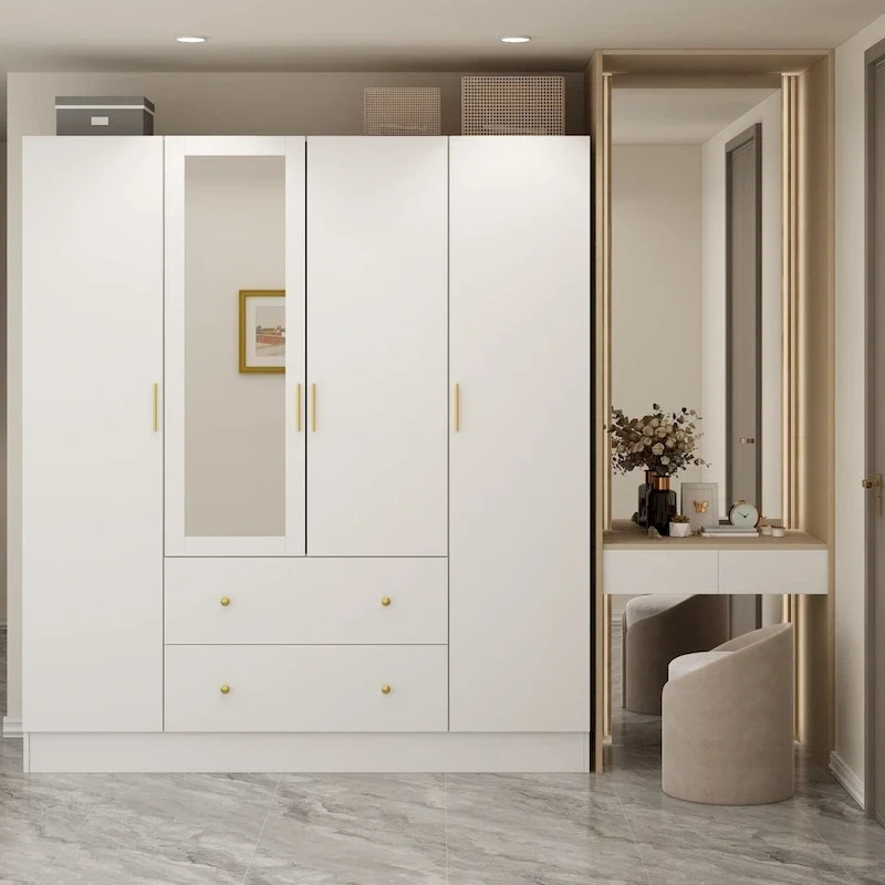 White / Dark Brown Freestanding Wardrobe with Mirror, 4 Doors 2 Drawers, for 1 Person
