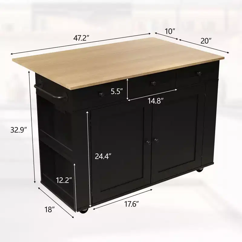 47.2 Mobile Kitchen Island with Drop Leaf Countertop, Charging Station, Rolling Kitchen Cart with Pull-Out Shelves, Drawers, Spice Rack