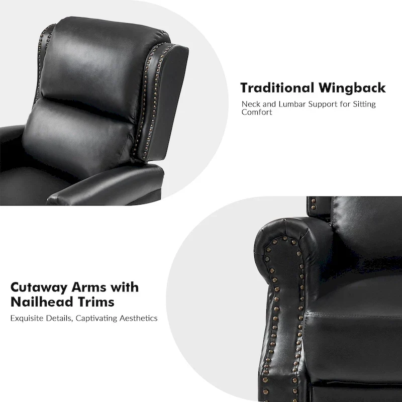 Traditional Vegan Leather Manual Push-Back Recliner, Padded Armrests, Solid Wood Legs, Living Room