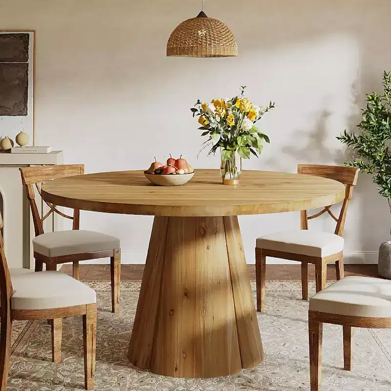 Lantine 47.24-Inch Solid Wood Dining Table, Farmhouse Round Kitchen Table with Pedestal Base for 4-6 People, Easy Assembly for Dining Room