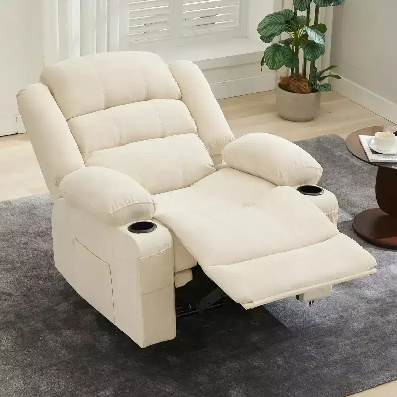 Large Recliner Chair Overstuffed Fabric Manual Pull Tab Recliner with Cup Holders, Side Pocket, 3-Position Recline, Minimalist Style Single Sofa
