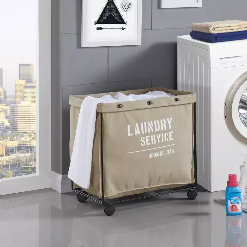 Army Canvas Laundry Hamper on Wheels: Heavy Duty Beige Clothes Sorter, Portable Iron Frame, 32 Volume Capacity