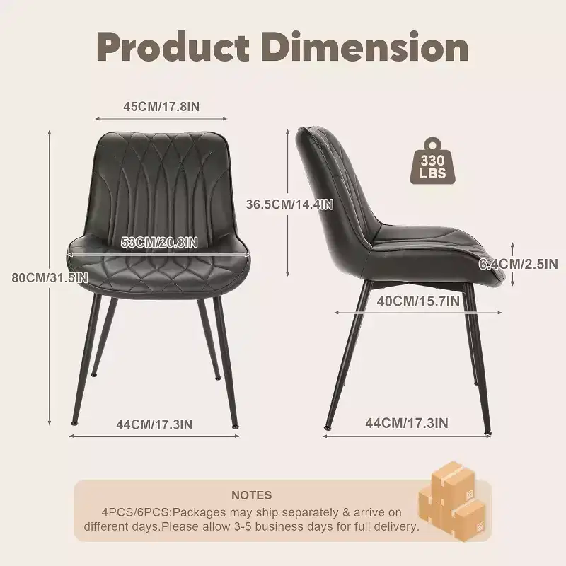Set of 2 Modern Dining Chairs, Upholstered PU Leather Chairs with Thick Cushion & Sturdy Metal Legs, Armless Side Chairs for Kitchen & Dining Room