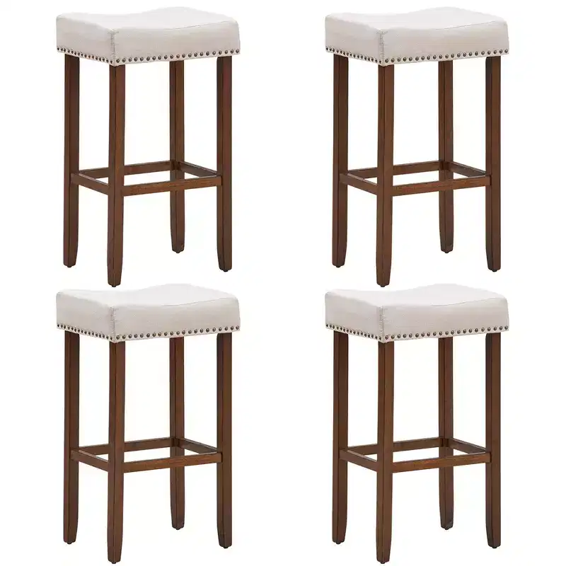 Costway Set of 4 Nailhead Saddle Bar Stools 29'' Height w/ Fabric Seat & Wood Legs Gray/Beige