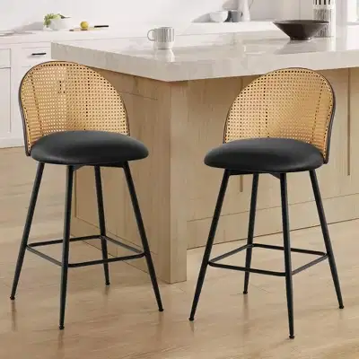 Bekrvio 29 Mid-Century Modern Swivel Bar Stools Set of 2/3/4, Faux Leather Upholstered Bar Chairs with Rattan Back & Metal Legs for Kitchen Counter