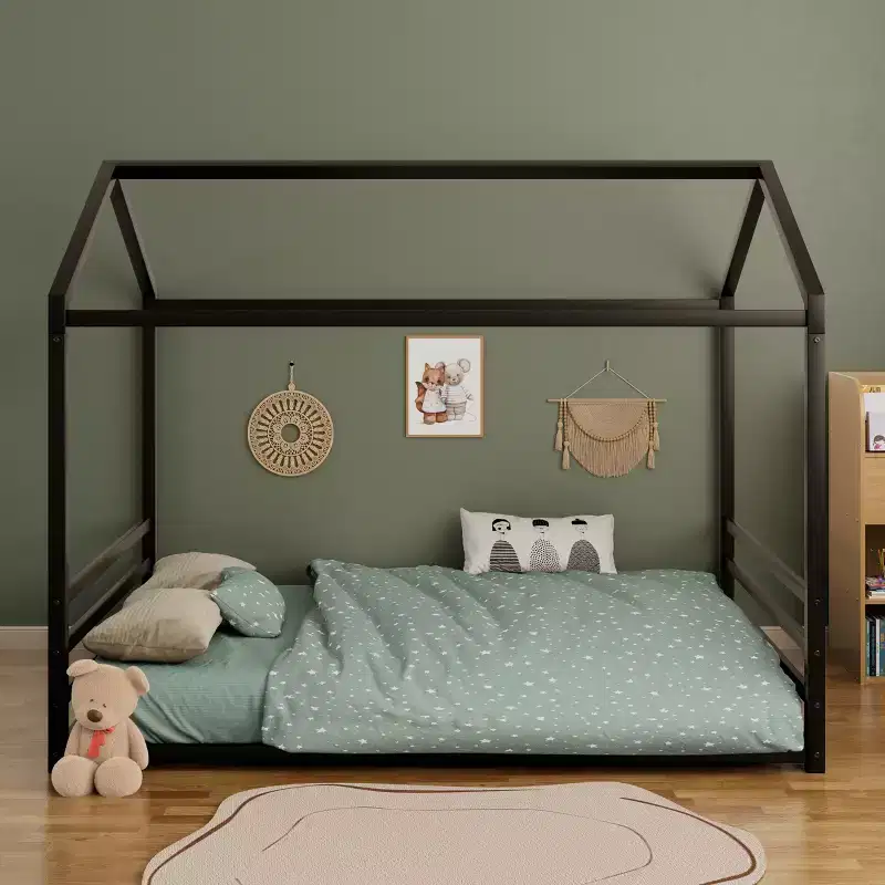 GDFStudio Jeremy Full Size Metal Floor Bed Frame with House Shape and Guardrails