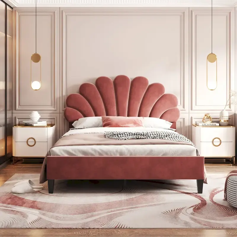 Full Size Upholstered Platform Bed with Flower Headboard