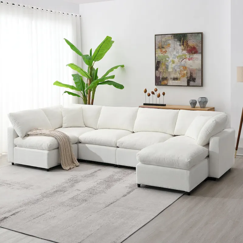 Beige 130 Chenille Cloud U-Shaped Sleeper Sectional Sofa, 6-Piece Modular Design