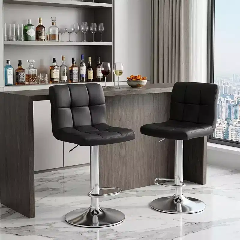 HomeRoots Set of Two Black and Silver Faux Leather and Aluminum Adjustable Height Swivel Bar Chairs