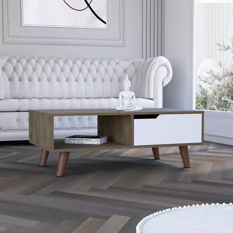 Oslo Coffee Table 2.0, Four Stylish Legs One Drawer Open Shelf Superior Top Living Room Storage Table