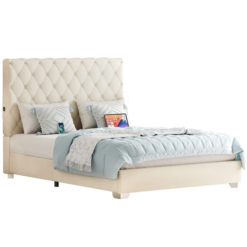 Beige Upholstered High Headboard Platform Bed Frame with USB Ports – For 2 (Queen)