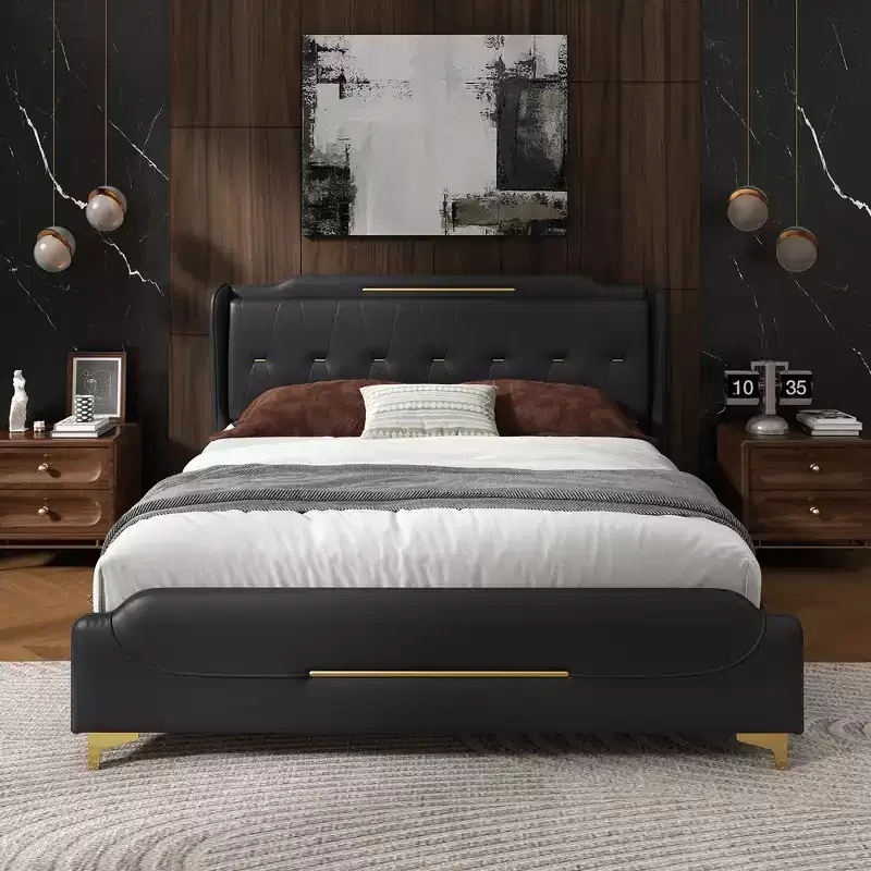 King Modern Faux Leather Upholstered Bed with Wingback Headboar