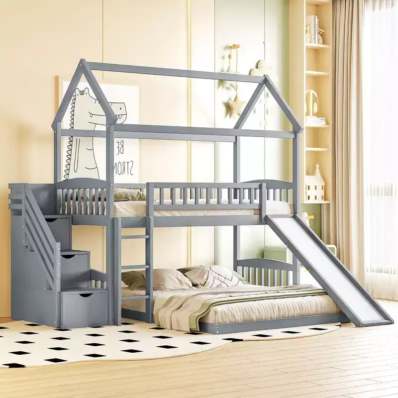 Whisen Twin Over Full Bunk Bed with Slide, House Bed with Slide