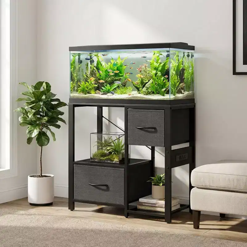 20-37 Gallon Fish Tank Stand with Power Outlets, Heavy Duty Metal and Wood Aquarium Stand with 4-Tier Open Storage Shelves and Sturdy Legs