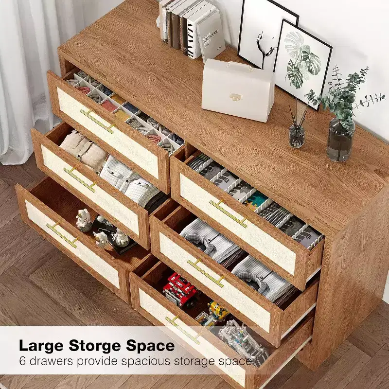 COZONY 6 Drawer Double Dresser with Burlap Design, Wooden Chest with Gold Handles