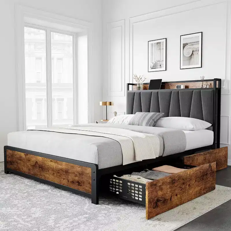 King Bed Frame with 4 Storage Drawers, Platform Bed with Charged Headboard, Sturdy & Stable, No Noise, No Box Spring Needed, Easy to Install