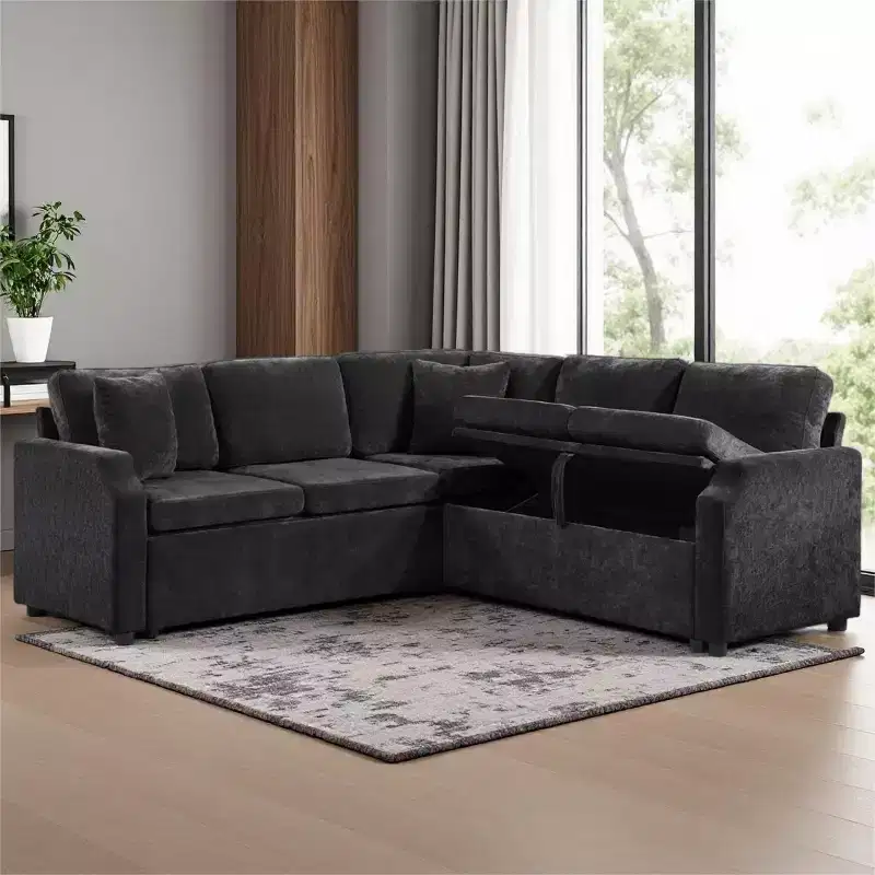 L-Shaped Sectional Sofa Bed with Pull-Out Sleeper and Hidden Storage