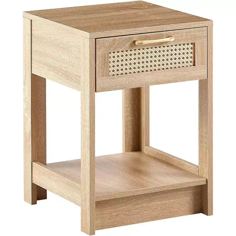 Acekool Rattan Nightstand with Drawer, Bedside End Table for Small Spaces, 15.75L x 15.75W x 21.65H, Natural Finish