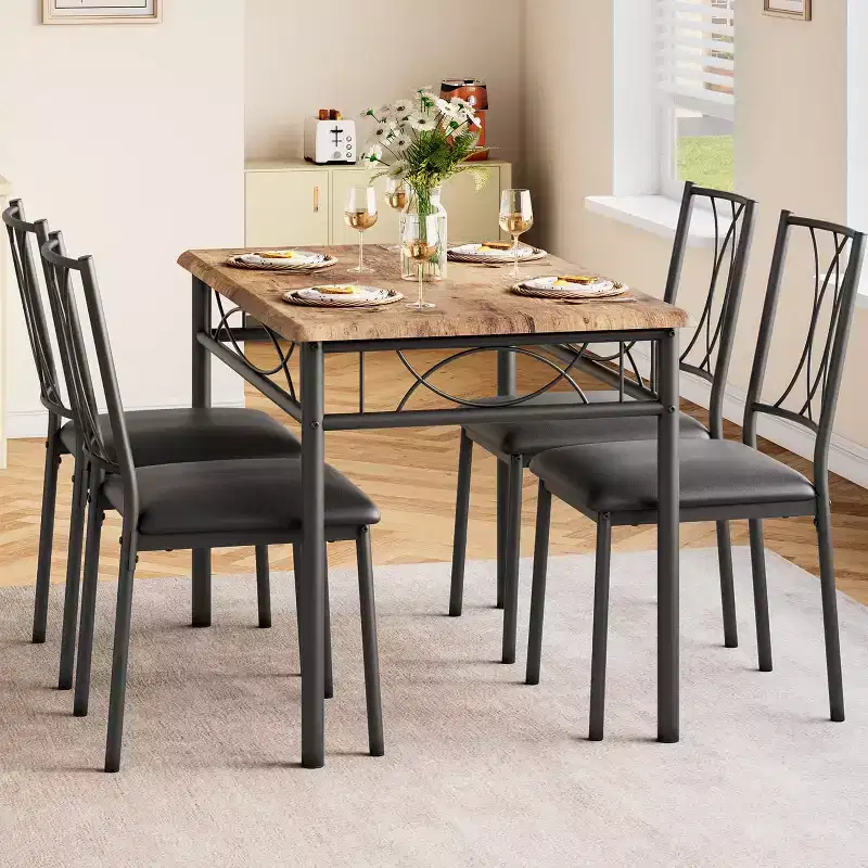 Farmhouse Wooden Dining Table Set for 4, Rectangular Kitchen Table with 4 Chairs, 5 Piece Small Table and Chairs Set