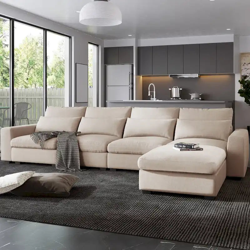 Modern Convertible Large L-shaped Feather Filled Sectional Sofa with Reversible Chaise - 129.9W x 72D x 31.5H