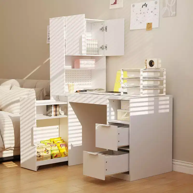 Famapy 61.4H White Office Desk with Hutch and Mobile Cabinet Computer Workstation Writing Table with Pegboard & Locking Wheels