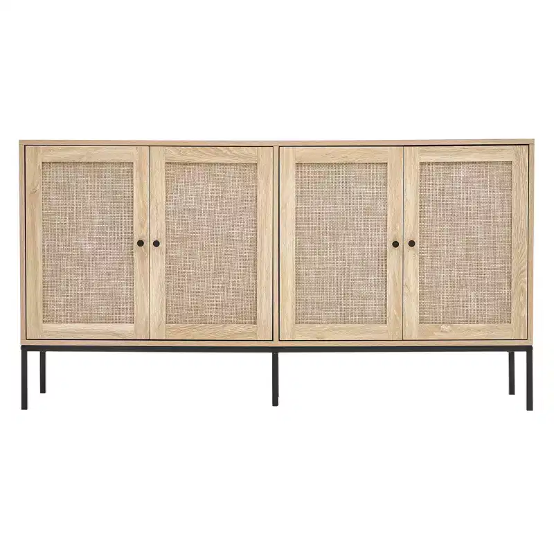 Rattan Storage Cabinet with 4 Magnetic Doors and Adjustable Shelves, Sideboard Buffet for Hallway or Entryway, Natural