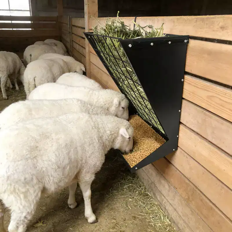 Wall Mount Hay Feeder, 2 in 1 Hay & Grain Livestock Feeder, Heavy Duty Metal Wall Mount Hay Rack with Adjustable Distance for Goats, Sheep, Horse