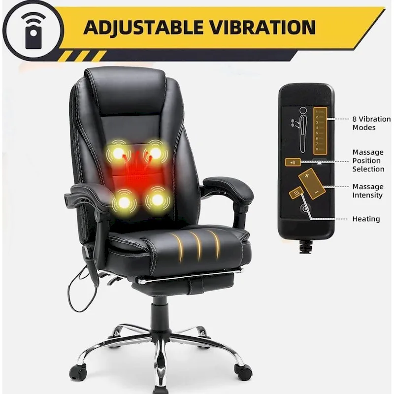 Ergonomic Heated Executive Office Chair, 2/4/6-Point Massage, Retractable Footrest, PU Leather