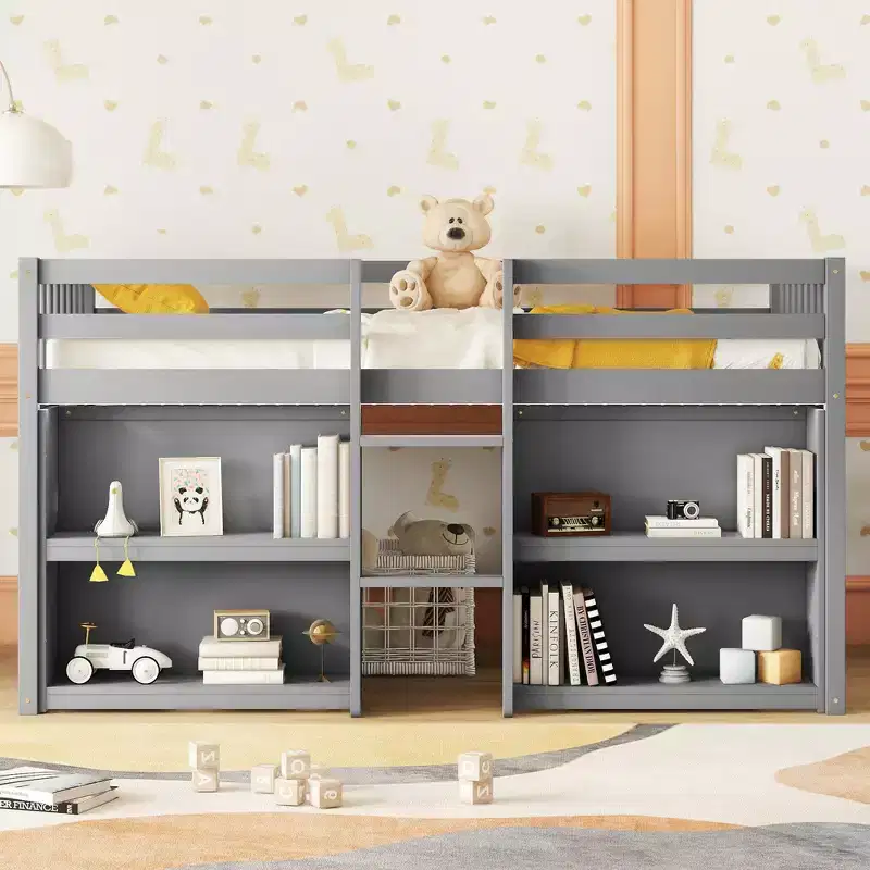 Whisen 79.8''L * 43.9''W Twin Size Kid Low Loft Bed With Two-Tier Shelves And LED Light