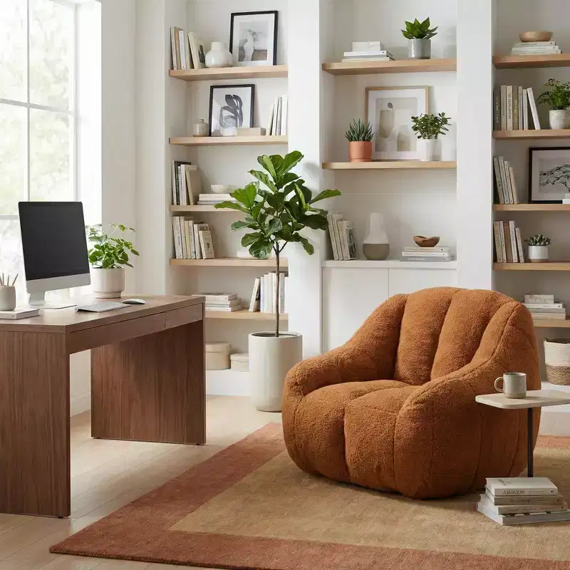 FurnitureR Soft Teddy Fabric Lounge Chair, Plush Accent Armchair with Rounded Shape for Living Room, Bedroom or Reading Corner