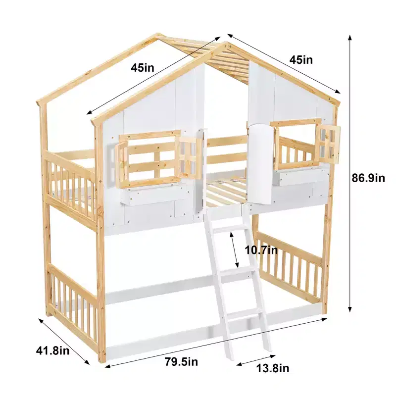 Twin Over Twin Playhouse Bunk Bed with Windows & Doors, White Wood House Bed with Safety Ladder & Guardrails
