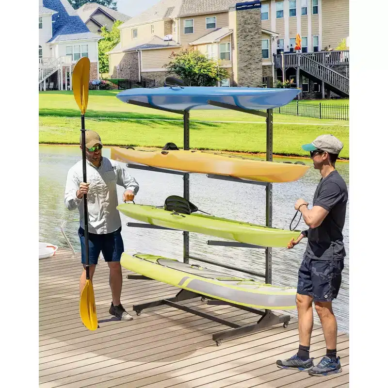 Kayak Storage Rack for 2-6 Kayaks Freestanding Kayak Rack for Outdoor Storage with Movable Wheels,Heavy-Duty Steel Kayak Hanger Holder with Straps