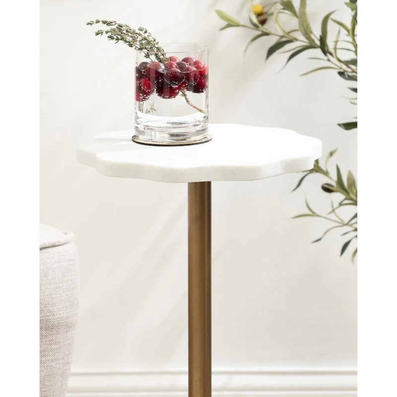 Scalloped Marble & Metal Drink Side Table, Modern Glam Accent Table
