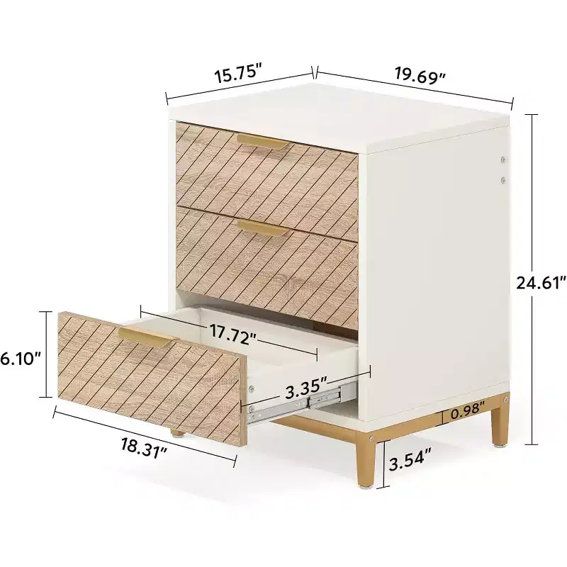 Lantine Night Stands Set of 2, Nightstand with 3 Drawers White and Gold Light Wood Grain Bedside End Tables Storage for Bedrooms